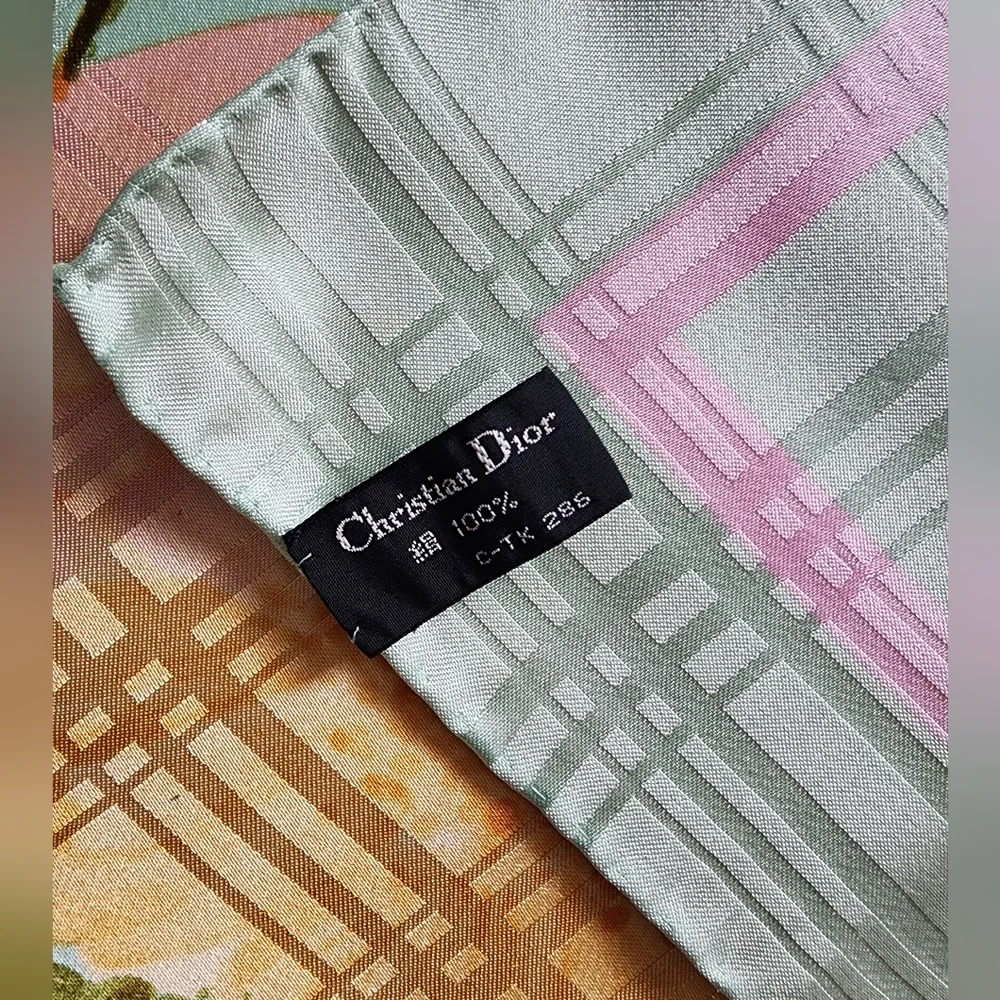 Auth Dior Pastel Plaid Sage Green Silk Scarf